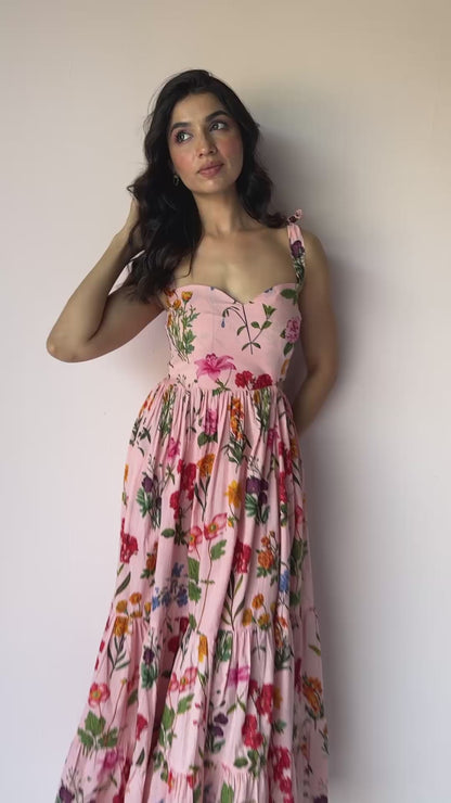 Peach floral tie knot strappy one side-cut maxi dress