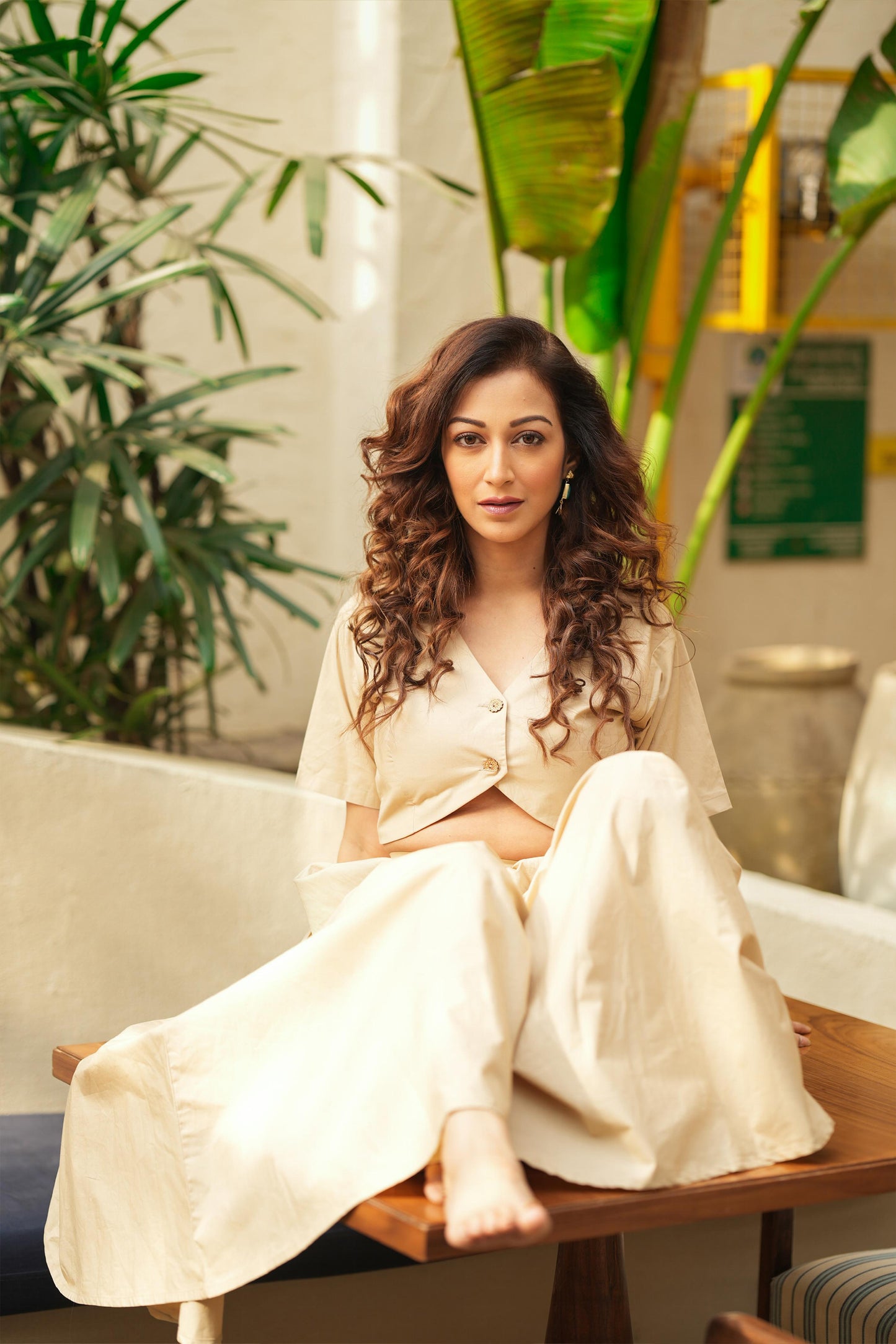 Gathered beige skirt with cropped shirt co-ord set