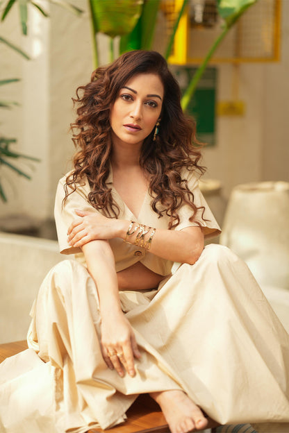 Gathered beige skirt with cropped shirt co-ord set