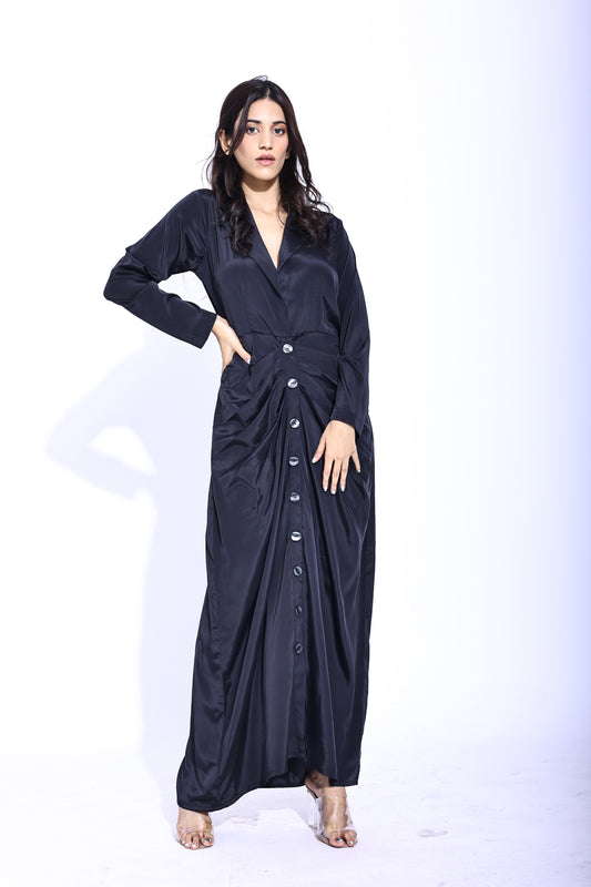 Black full sleeved front waist pleated full length shirt dress