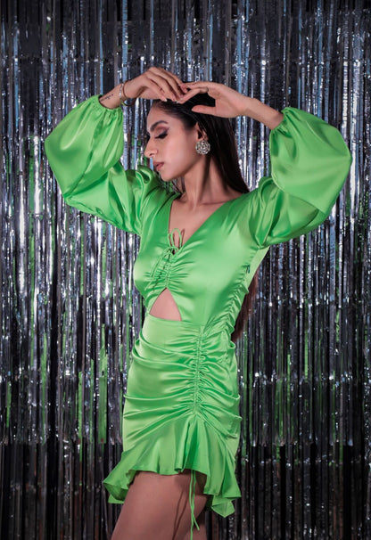 Neon Green waist cut-out side runches ruffle hem dress